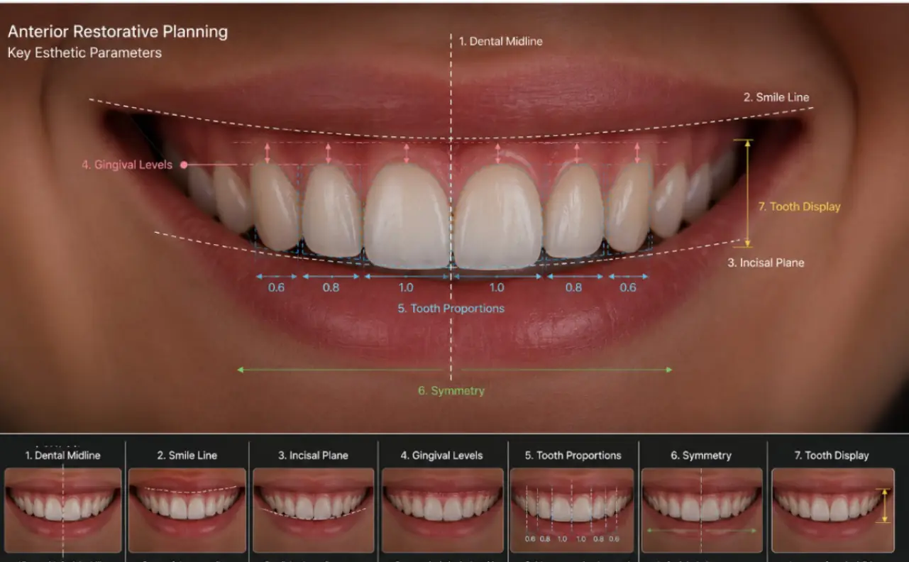 Gülüş fotoğrafı üzerinde yedi estetik planlama parametresi