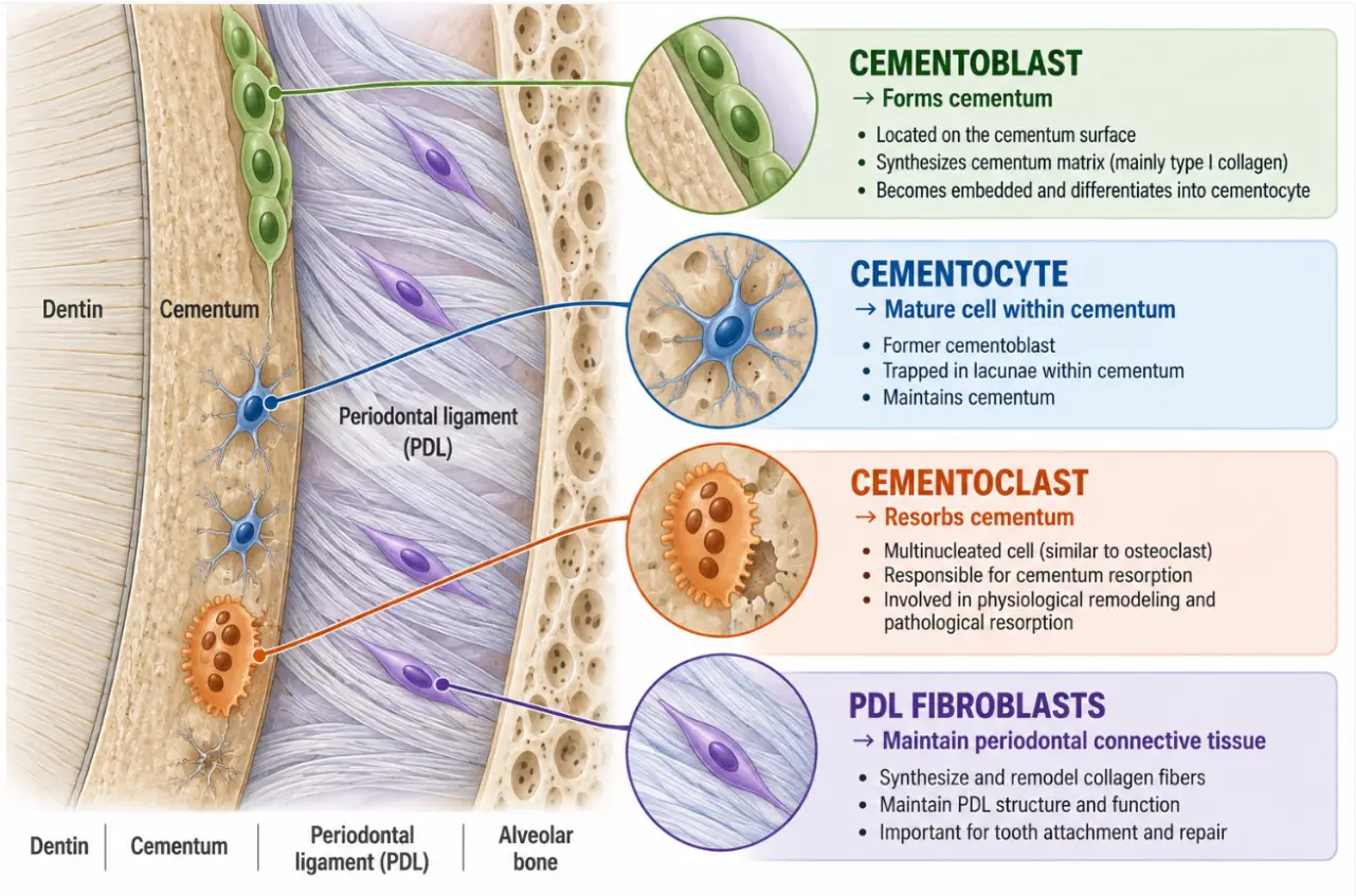 Sementoblast, sementosit, sementoklast ve PDL fibroblastı