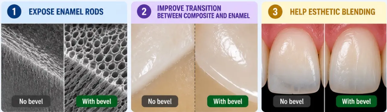 Sınıf IV mine bevel'inin mine prizması, kompozit geçişi ve estetik etkisi